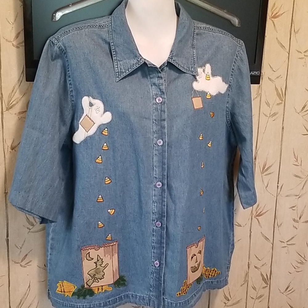 Lemon Grass Womens Large Denim Halloween Blouse - Picture 8 of 8